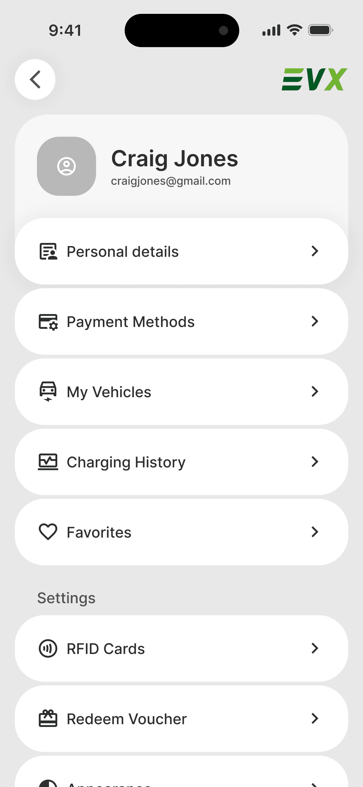 EVIQ driver app: account menu