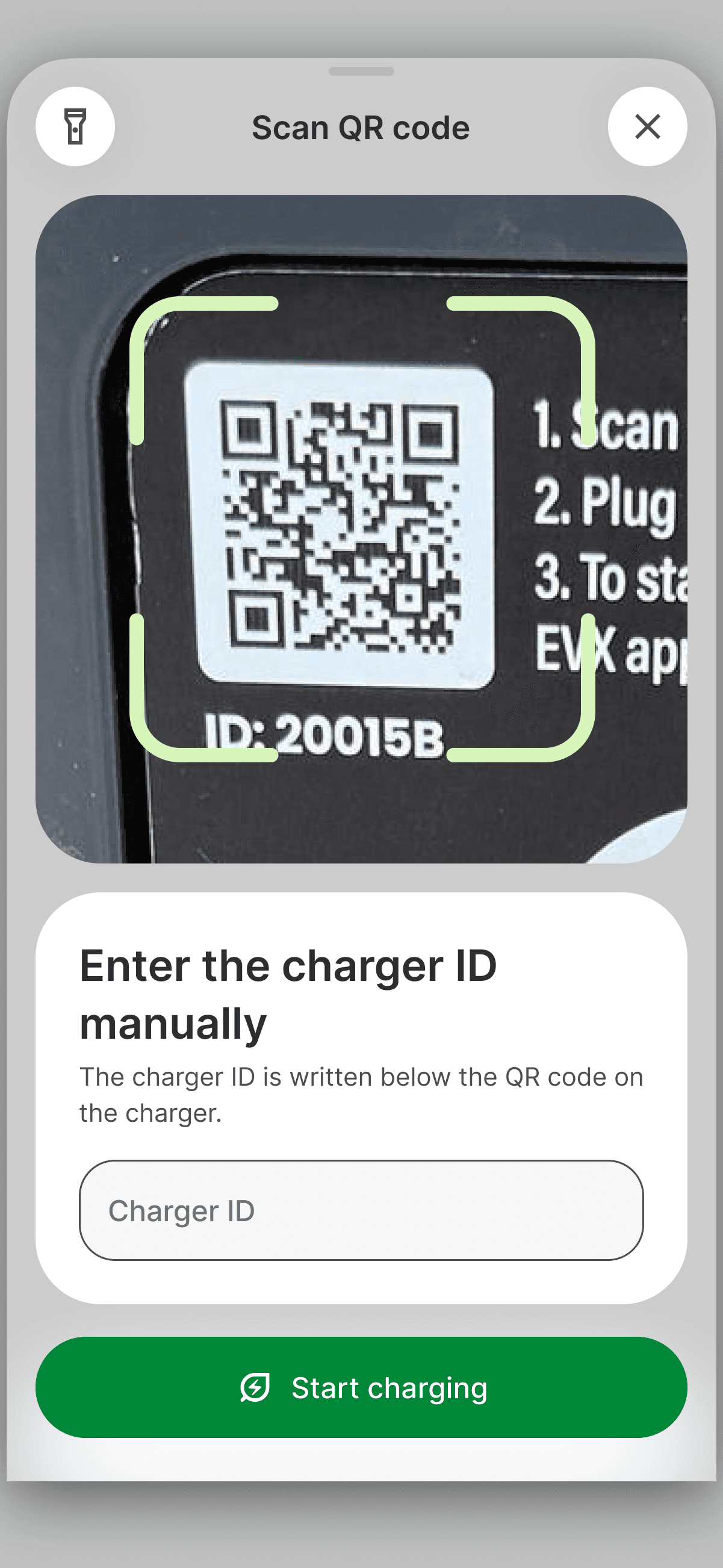 EVIQ driver app: scan the charger QR code