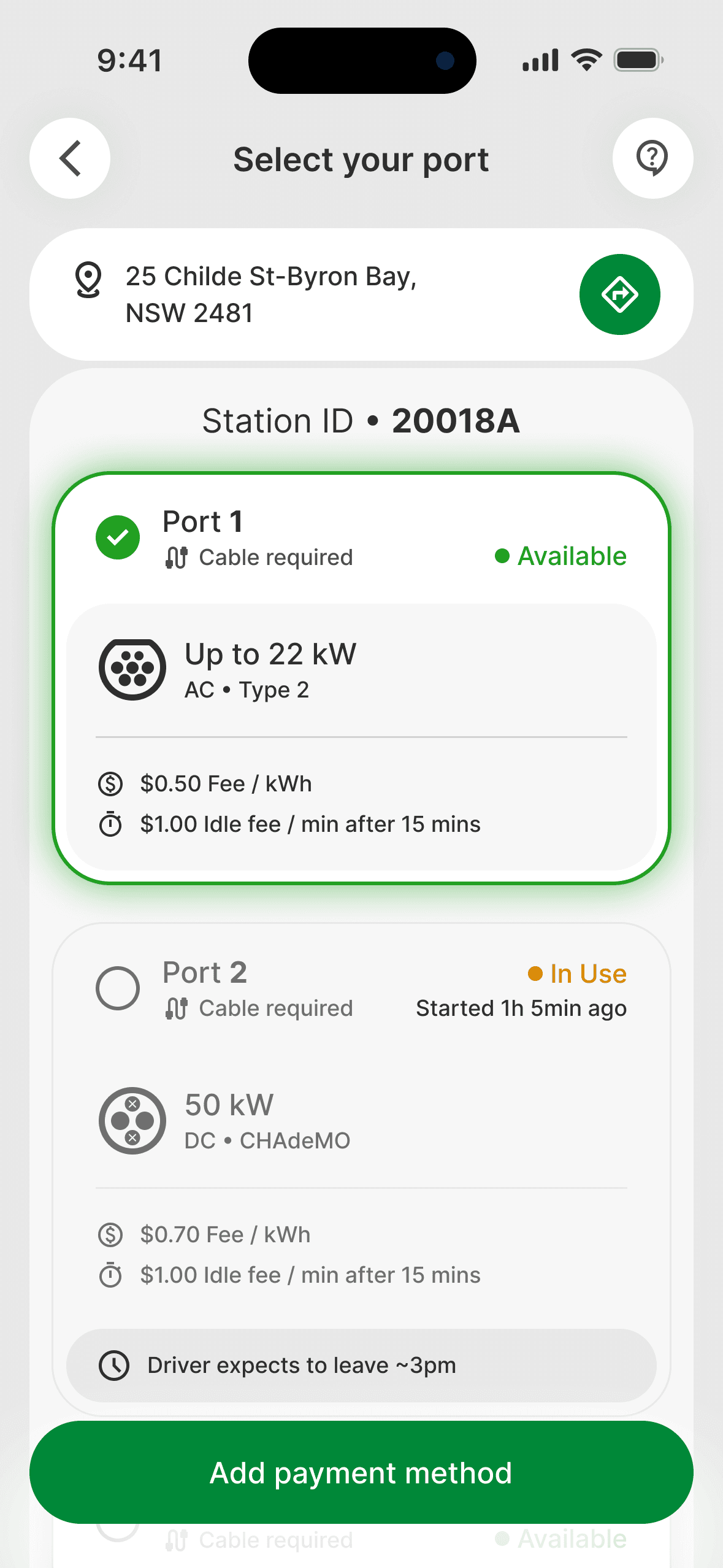 EVIQ driver app: port availability and pricing