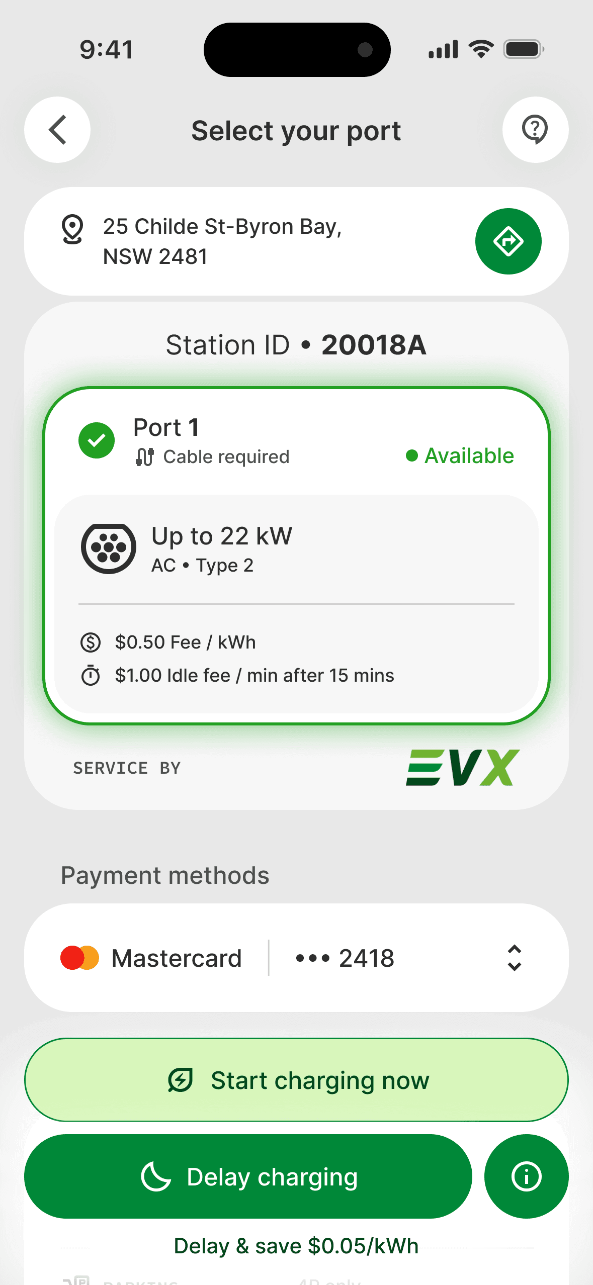 EVIQ driver app: select a port and start charging