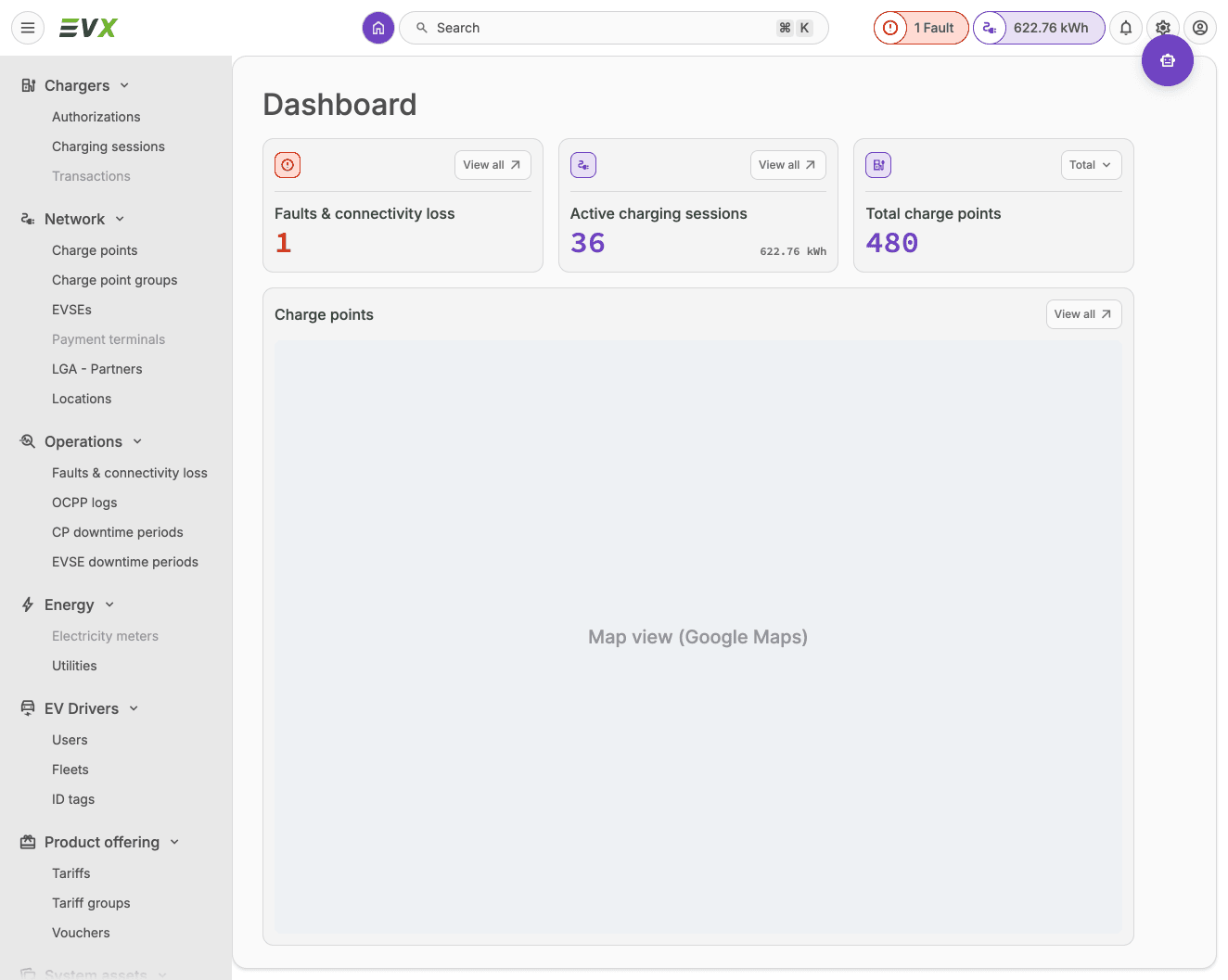 EVIQ CSMS dashboard showing faults, active sessions and charge points